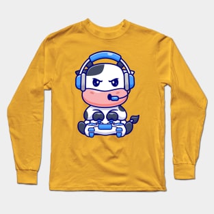 Cute Baby Cow Gaming Cartoon Long Sleeve T-Shirt